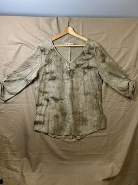 Olive Green V-Neck Embroidered Women's Blouse